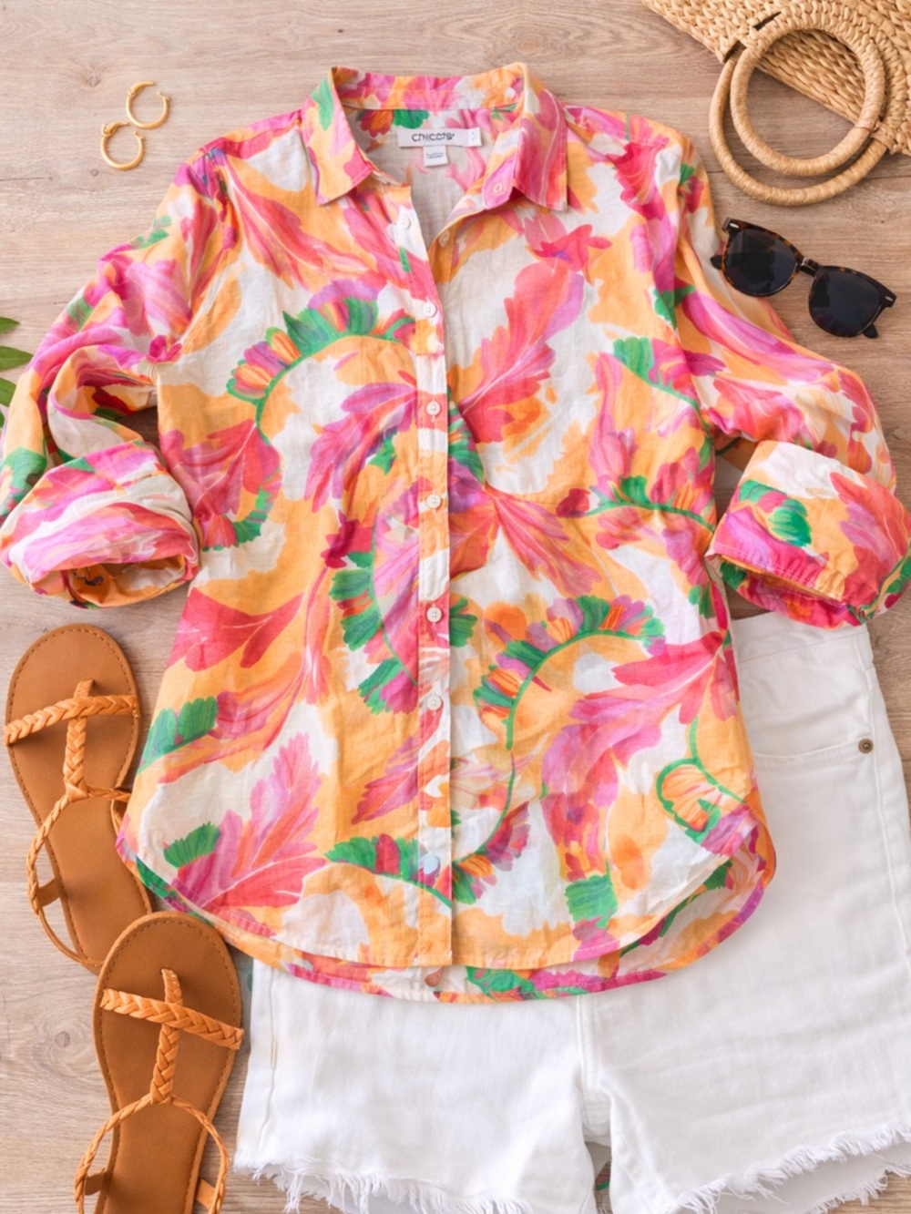 Chico's Multicolor Floral Button-Down Shirt - Pink, Orange, Green